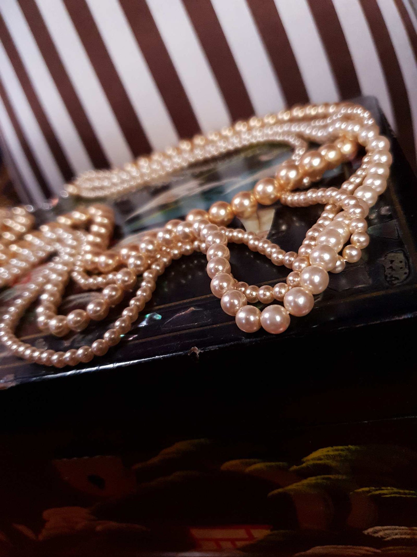 Vintage 1970s Faux Pearl Necklace 24" Peach Four Strand Pearls