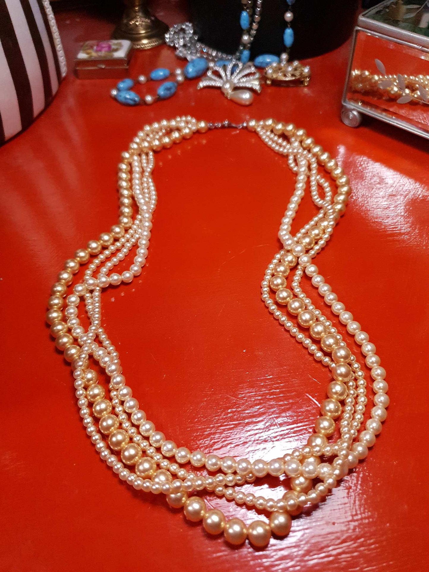 Vintage 1970s Faux Pearl Necklace 24" Peach Four Strand Pearls