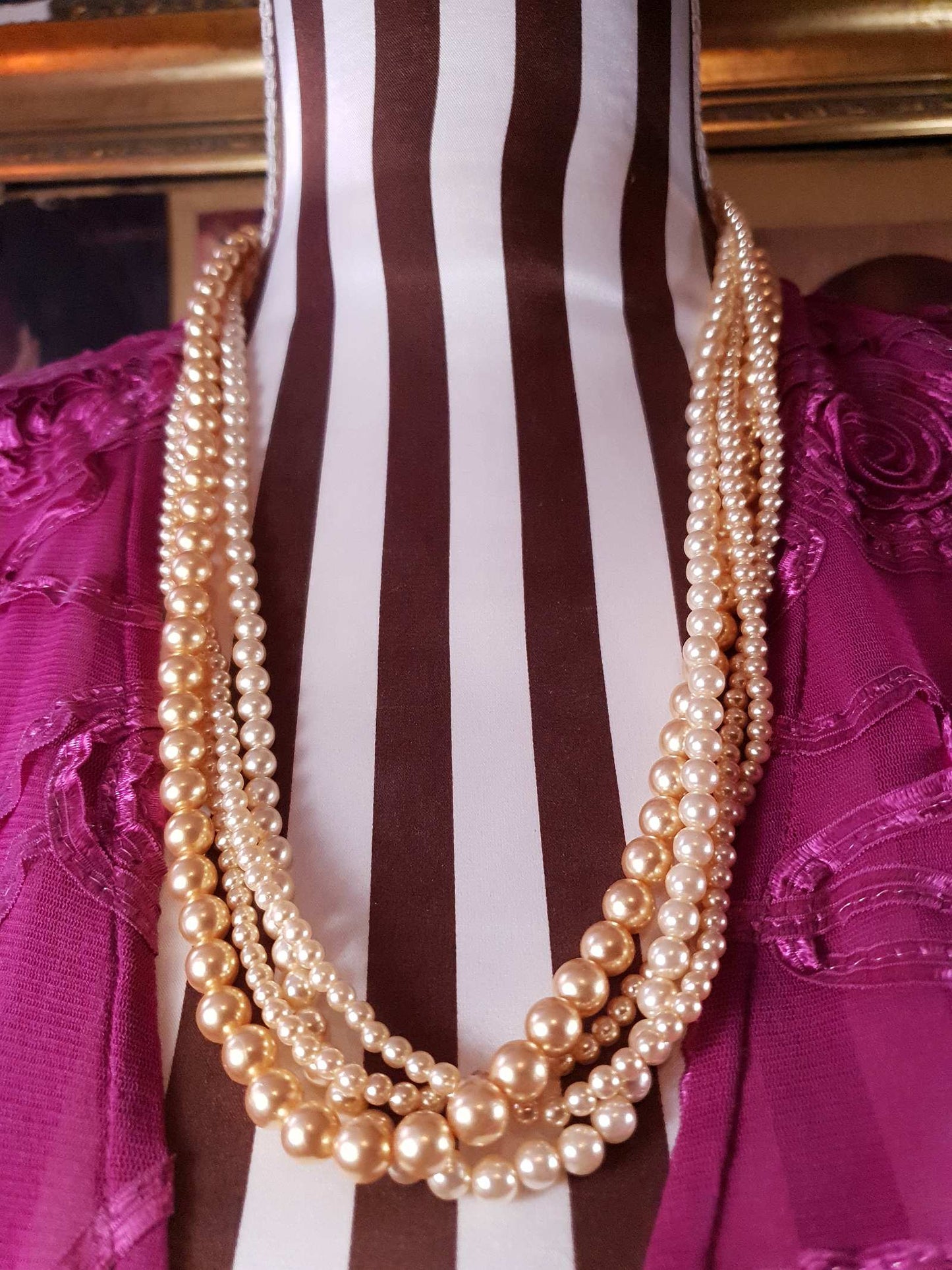 Vintage 1970s Faux Pearl Necklace 24" Peach Four Strand Pearls