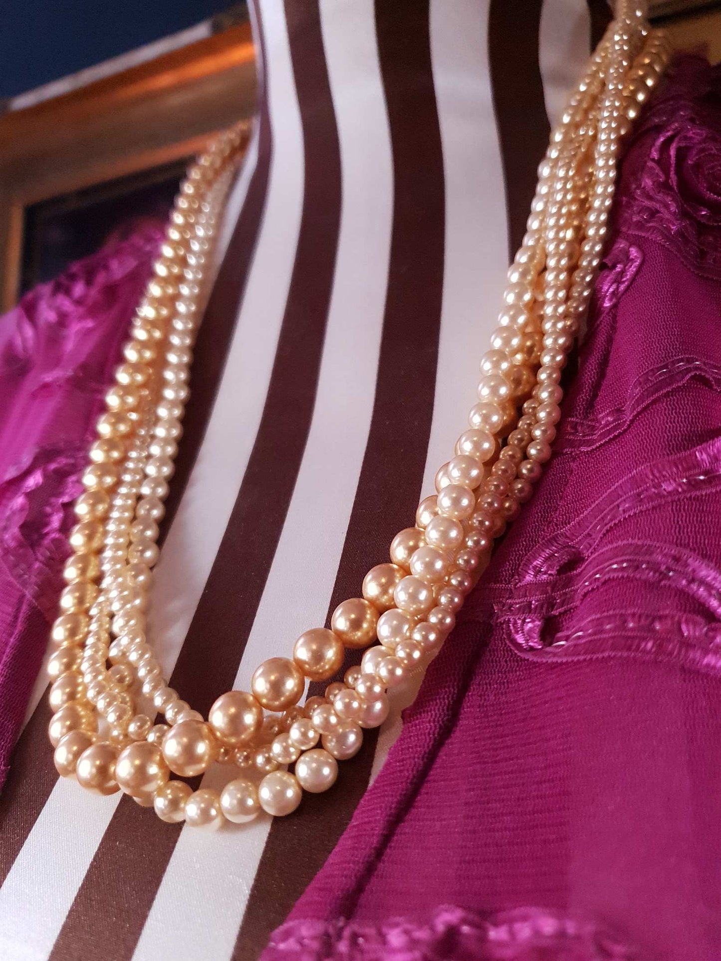 Vintage 1970s Faux Pearl Necklace 24" Peach Four Strand Pearls