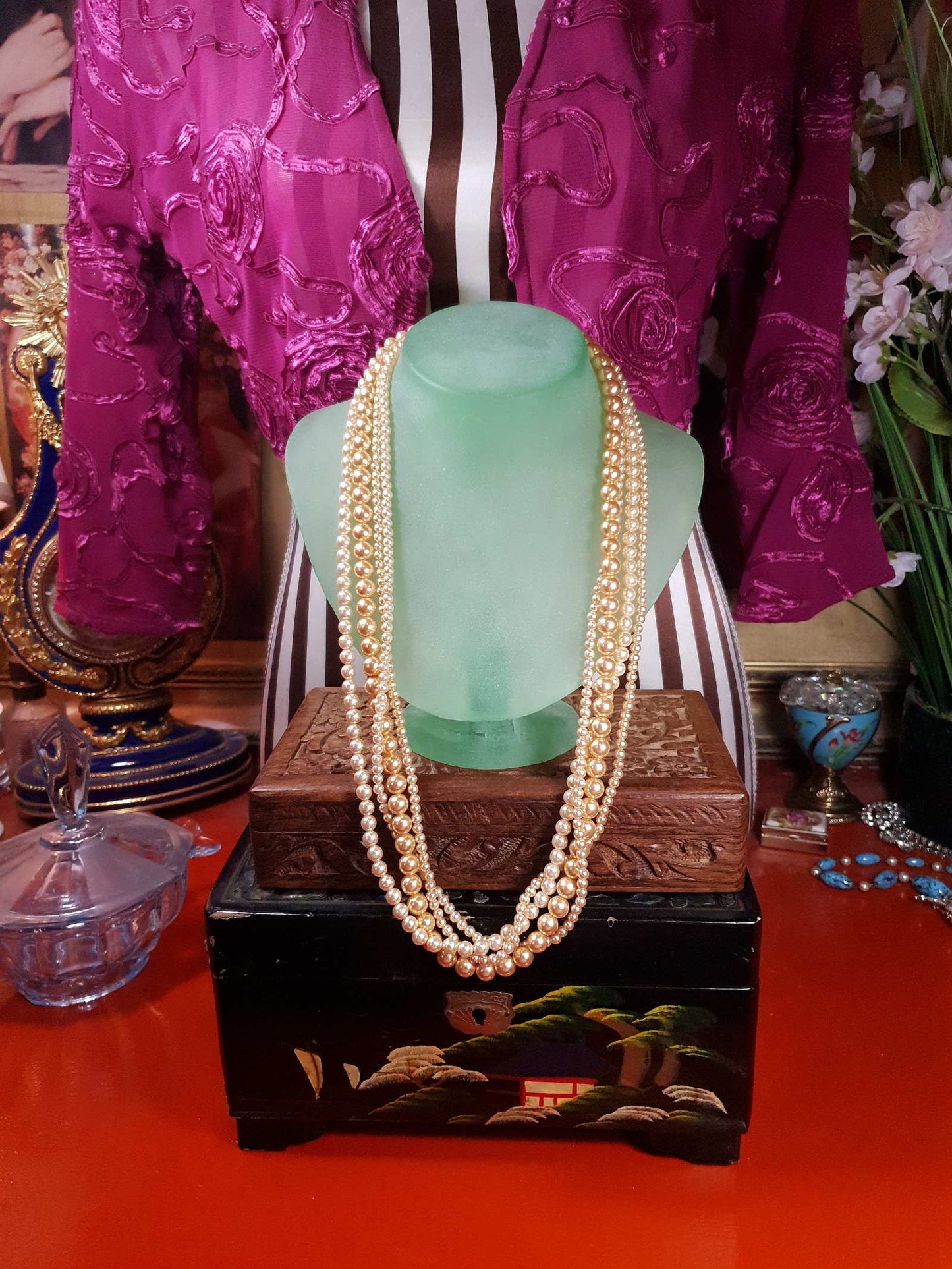 Vintage 1970s Faux Pearl Necklace 24" Peach Four Strand Pearls