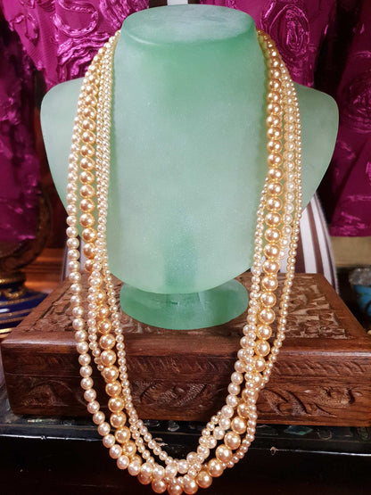 Vintage 1970s Faux Pearl Necklace 24" Peach Four Strand Pearls