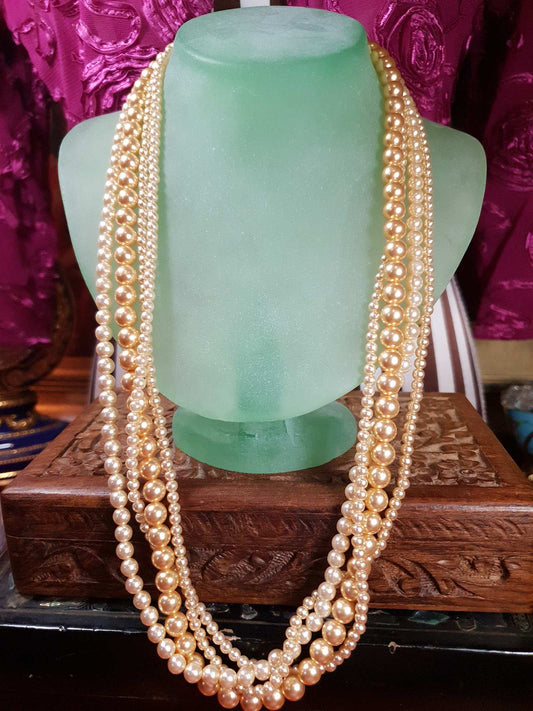 Vintage 1970s Faux Pearl Necklace 24" Peach Four Strand Pearls
