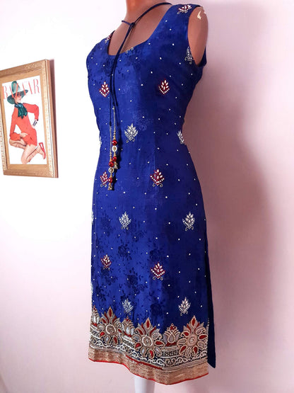 1970s Vintage Purple Silk Kaftan Boho Dress  Beaded Rhinestone - Size 10 Bohemian