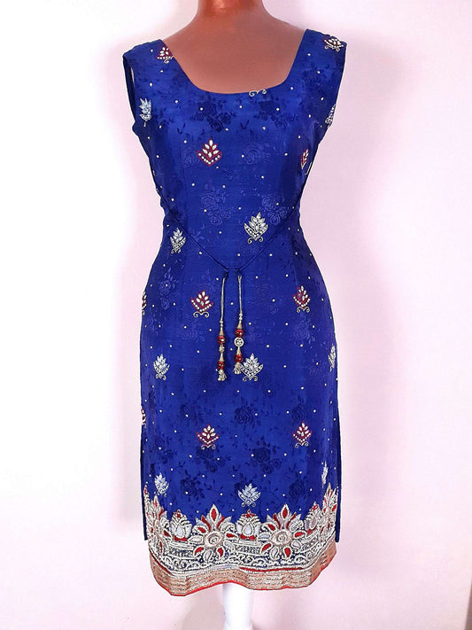 1970s Vintage Purple Silk Kaftan Boho Dress  Beaded Rhinestone - Size 10 Bohemian