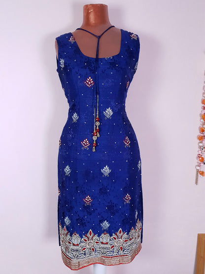 1970s Vintage Purple Silk Kaftan Boho Dress  Beaded Rhinestone - Size 10 Bohemian