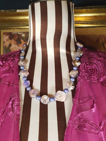 Vintage 1970s Abalone Shell Necklace 20" Purple Glass Pearl Boho