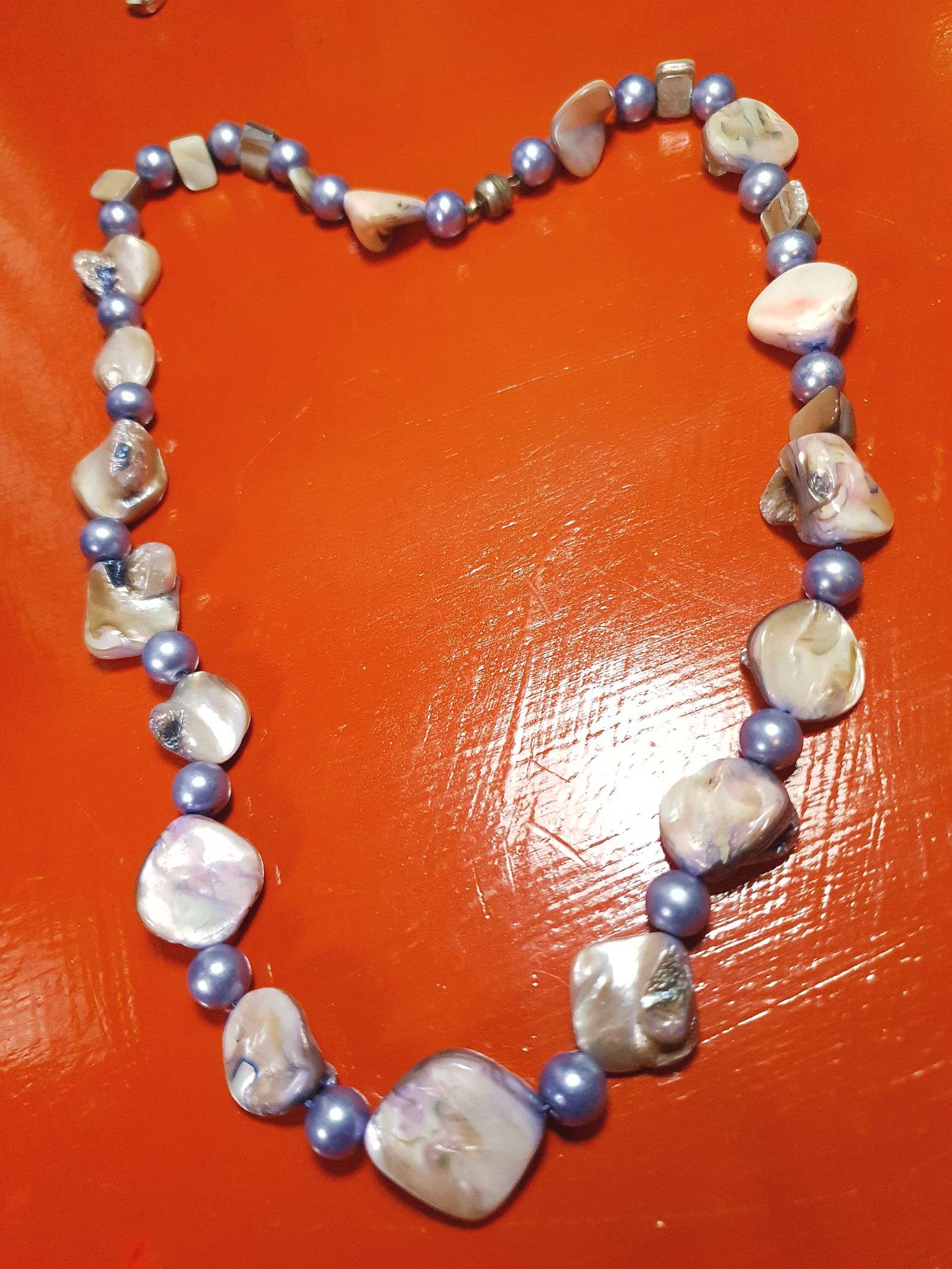 Vintage 1970s Abalone Shell Necklace 20" Purple Glass Pearl Boho