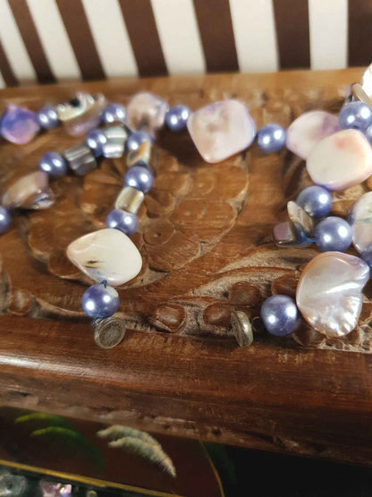 Vintage 1970s Abalone Shell Necklace 20" Purple Glass Pearl Boho