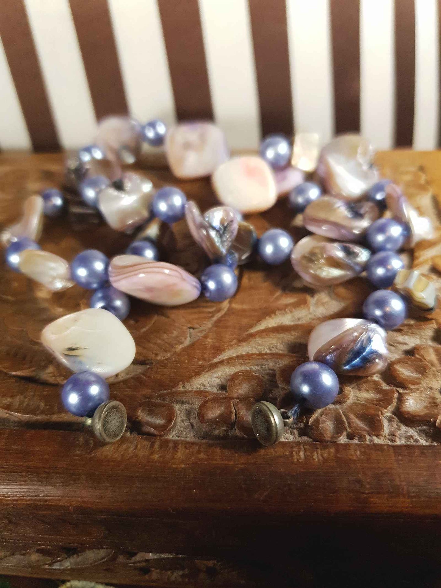 Vintage 1970s Abalone Shell Necklace 20" Purple Glass Pearl Boho