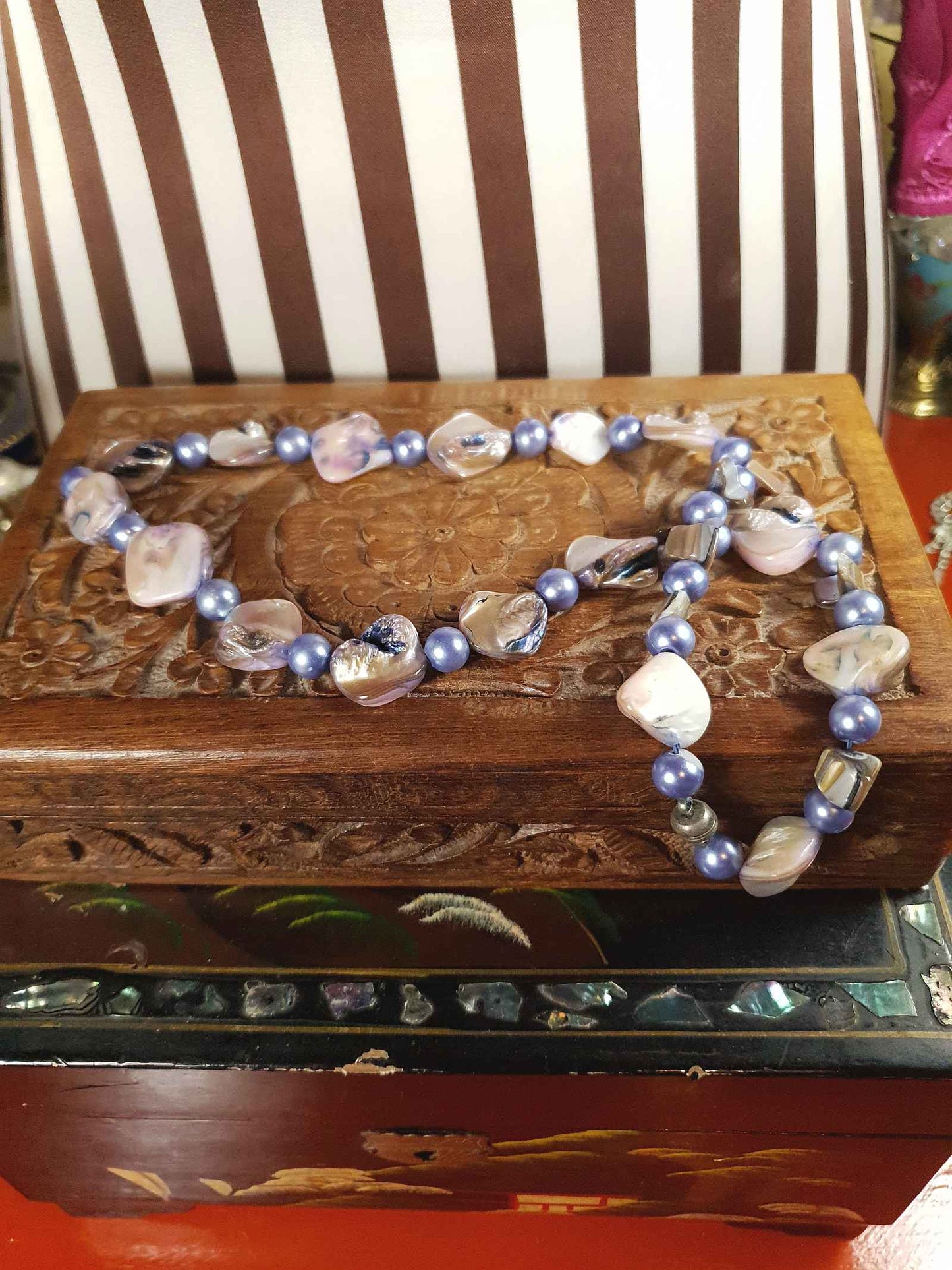 Vintage 1970s Abalone Shell Necklace 20" Purple Glass Pearl Boho