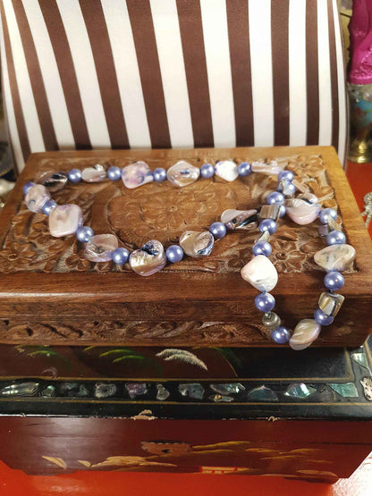 Vintage 1970s Abalone Shell Necklace 20" Purple Glass Pearl Boho