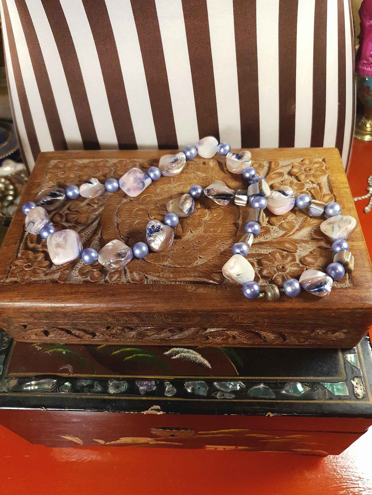 Vintage 1970s Abalone Shell Necklace 20" Purple Glass Pearl Boho