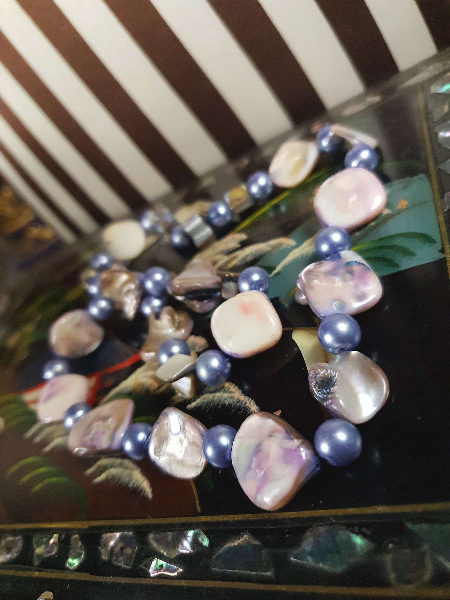 Vintage 1970s Abalone Shell Necklace 20" Purple Glass Pearl Boho