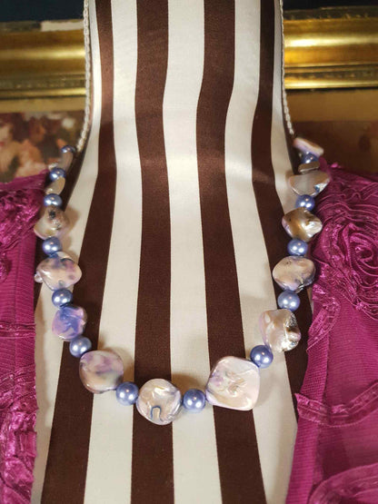 Vintage 1970s Abalone Shell Necklace 20" Purple Glass Pearl Boho