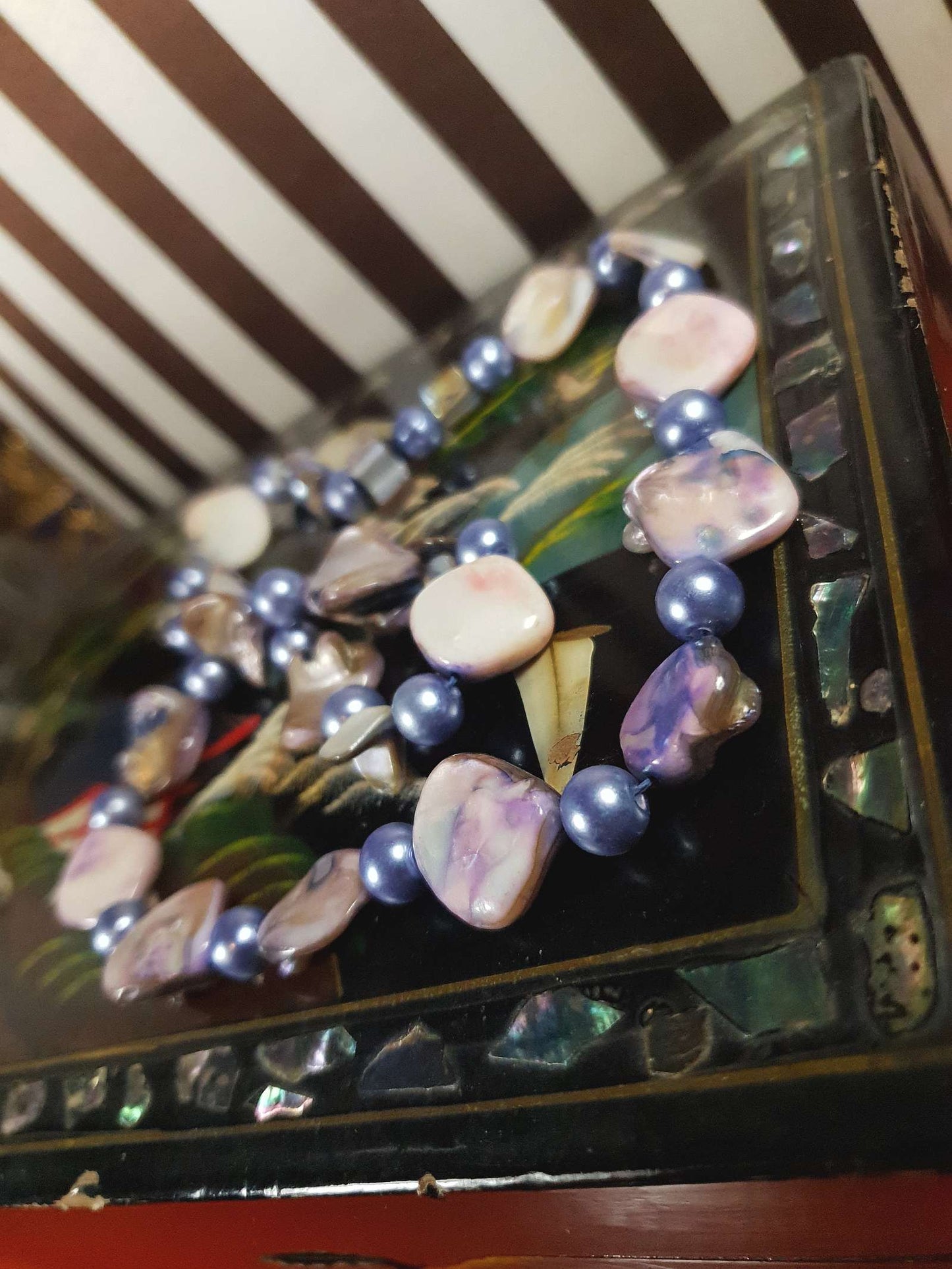 Vintage 1970s Abalone Shell Necklace 20" Purple Glass Pearl Boho