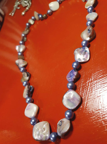 Vintage 1970s Abalone Shell Necklace 20" Purple Glass Pearl Boho