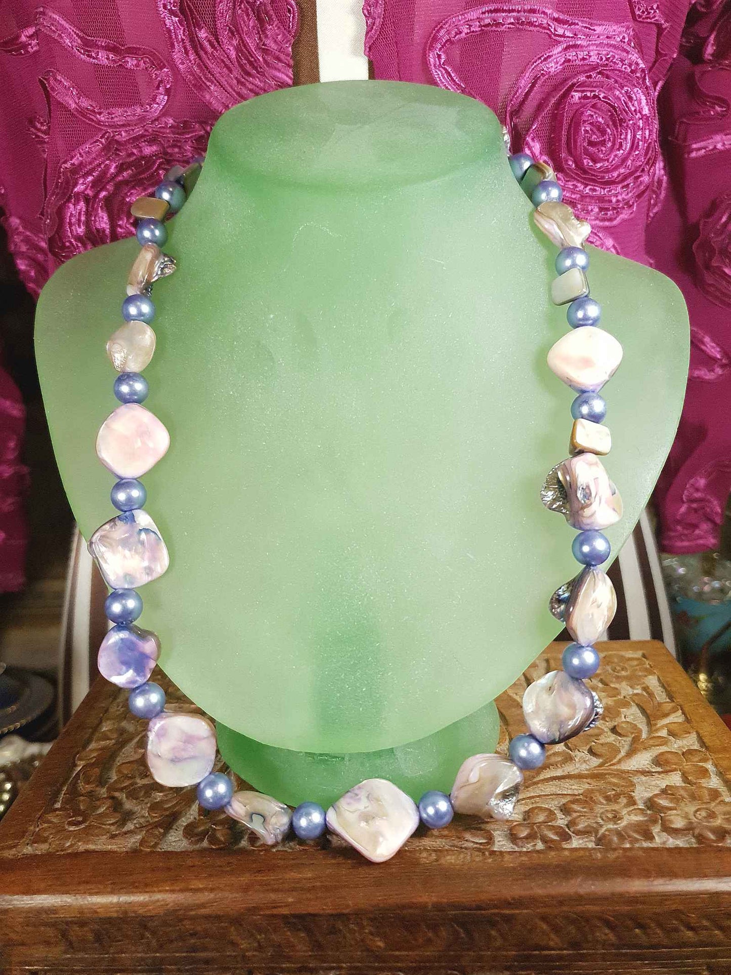 Vintage 1970s Abalone Shell Necklace 20" Purple Glass Pearl Boho