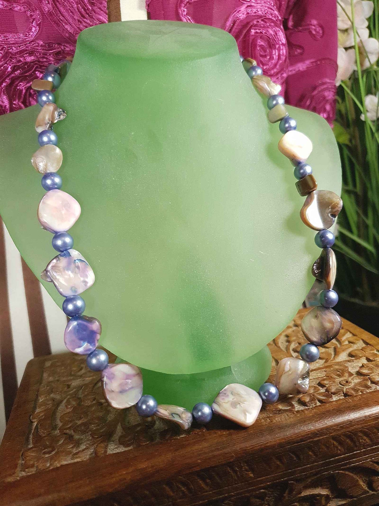Vintage 1970s Abalone Shell Necklace 20" Purple Glass Pearl Boho
