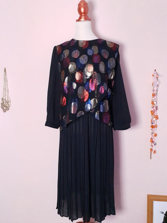 Glitzy vintage 1970s Glitter Circle Black Chiffon Pleated Party Dress - Size 16