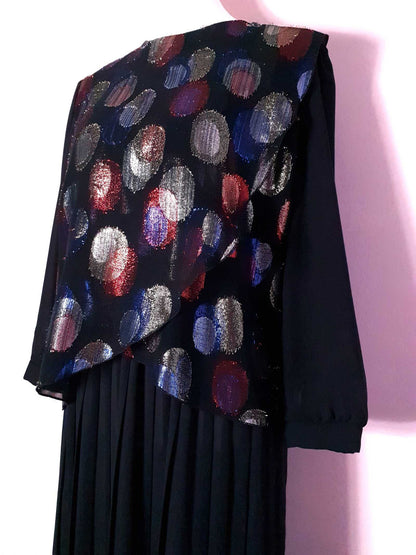 Glitzy vintage 1970s Glitter Circle Black Chiffon Pleated Party Dress - Size 16