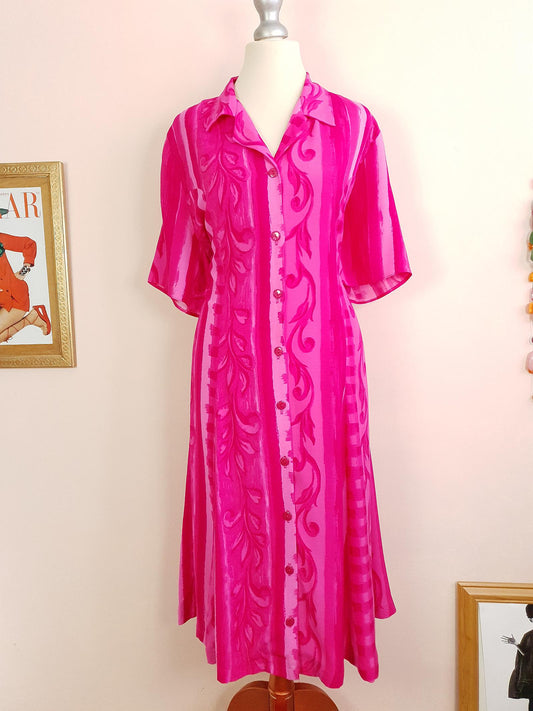 Vintage 1980s Cerise Pink Dress Midi Size 16 Retro Stripes Leaves