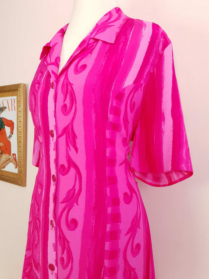 Vintage 1980s Cerise Pink Dress Midi Size 16 Retro Stripes Leaves