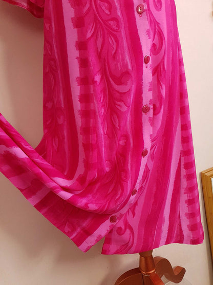 Vintage 1980s Cerise Pink Dress Midi Size 16 Retro Stripes Leaves