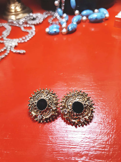 Vintage Etruscan Revival Earrings Rhinestone Black Enamel 1980s Boho Bohemian