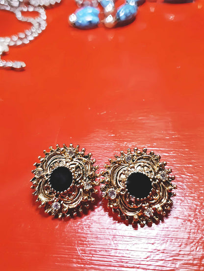 Vintage Etruscan Revival Earrings Rhinestone Black Enamel 1980s Boho Bohemian