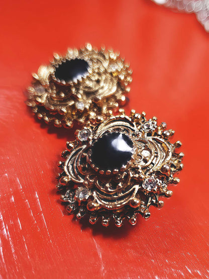 Vintage Etruscan Revival Earrings Rhinestone Black Enamel 1980s Boho Bohemian