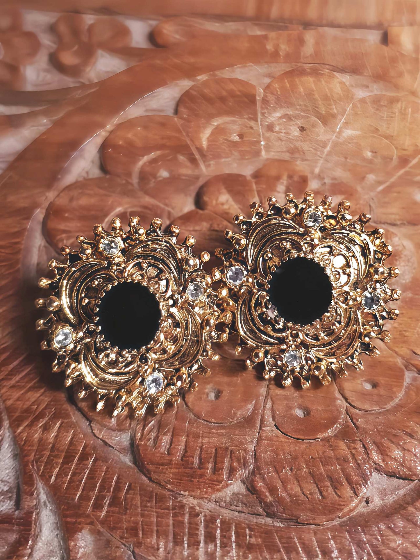 Vintage Etruscan Revival Earrings Rhinestone Black Enamel 1980s Boho Bohemian
