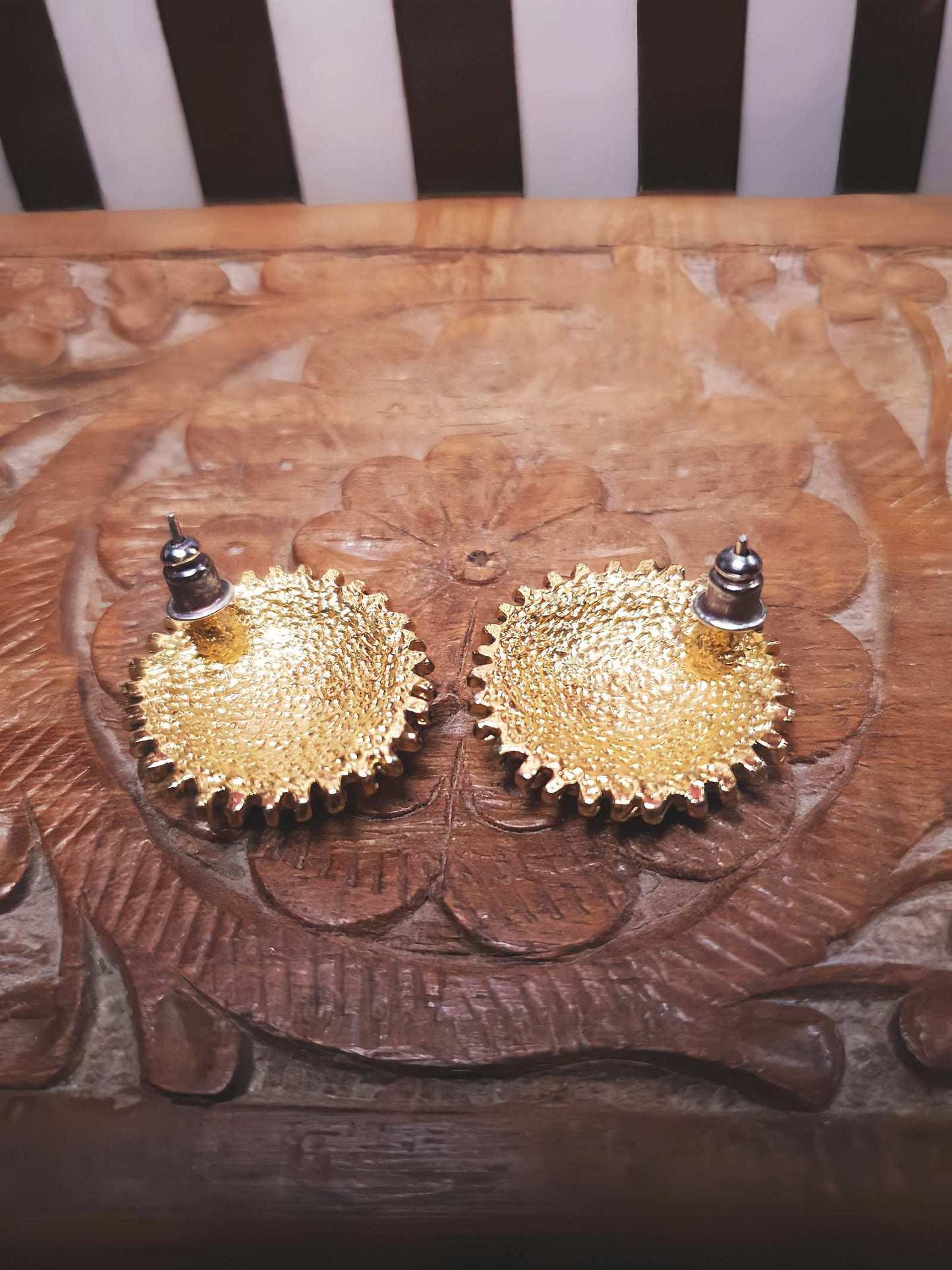 Vintage Etruscan Revival Earrings Rhinestone Black Enamel 1980s Boho Bohemian