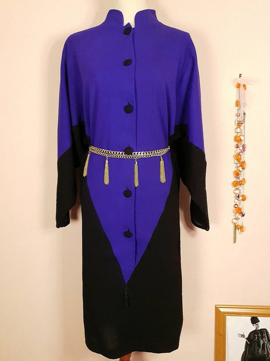 Fabulous Vintage 1980s Purple & Black Wool Dress - Size 20/22
