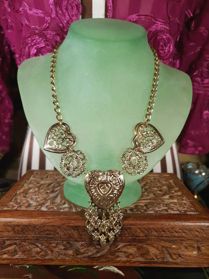 Vintage 1980s Filagree Heart Boho Necklace Bohemian Scrollwork