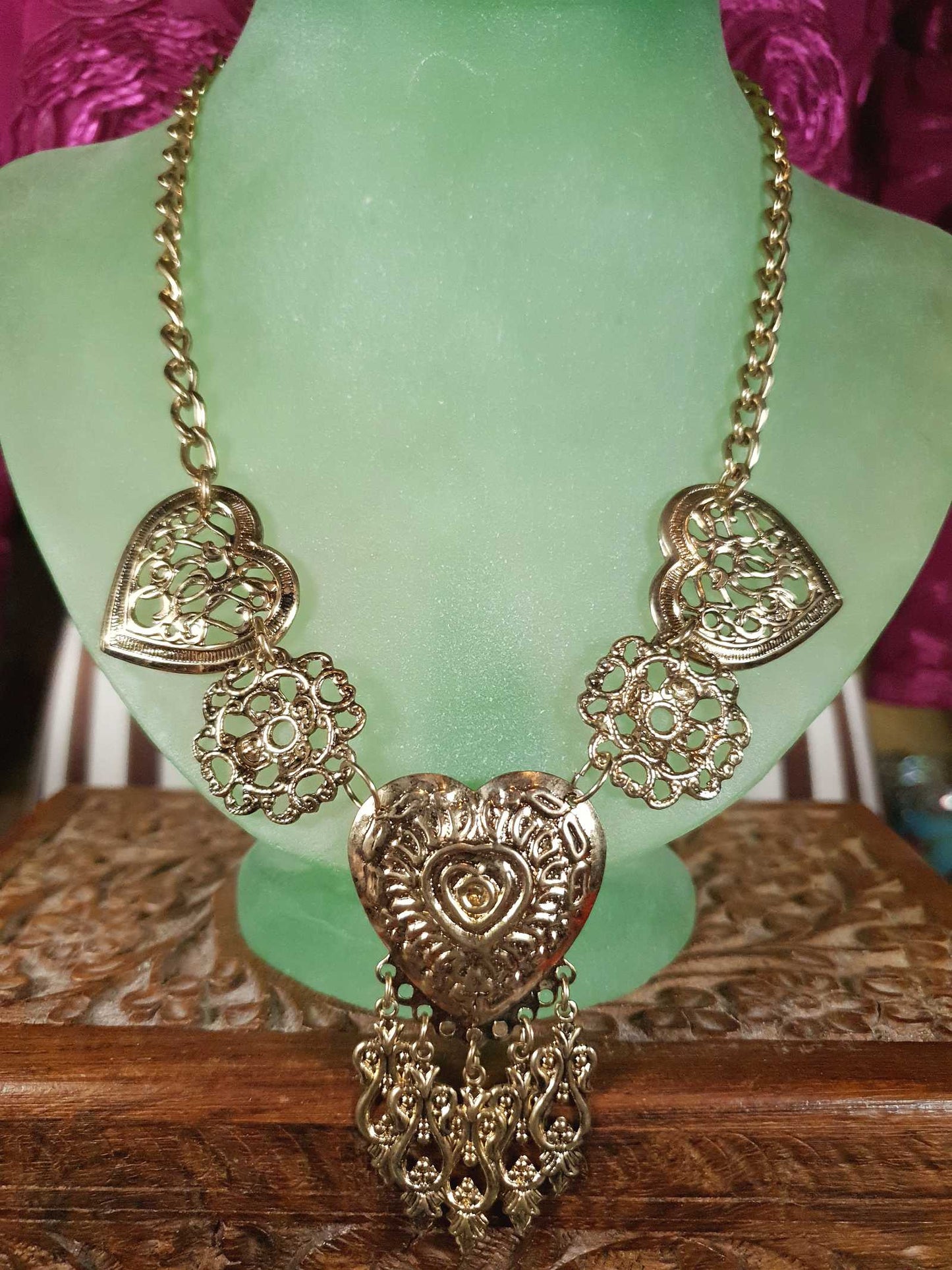 Vintage 1980s Filagree Heart Boho Necklace Bohemian Scrollwork