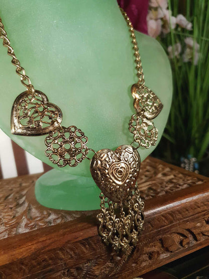 Vintage 1980s Filagree Heart Boho Necklace Bohemian Scrollwork