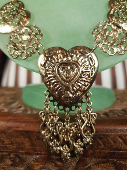 Vintage 1980s Filagree Heart Boho Necklace Bohemian Scrollwork