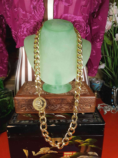 Vintage 1980s Chunky Gold Chain Necklace 28" George Washington Coin Retro