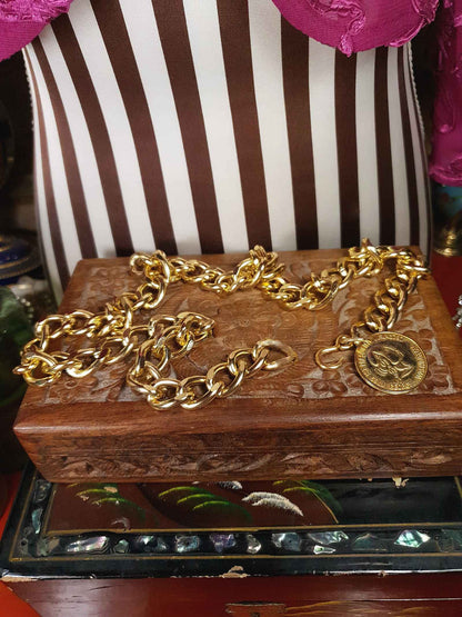 Vintage 1980s Chunky Gold Chain Necklace 28" George Washington Coin Retro