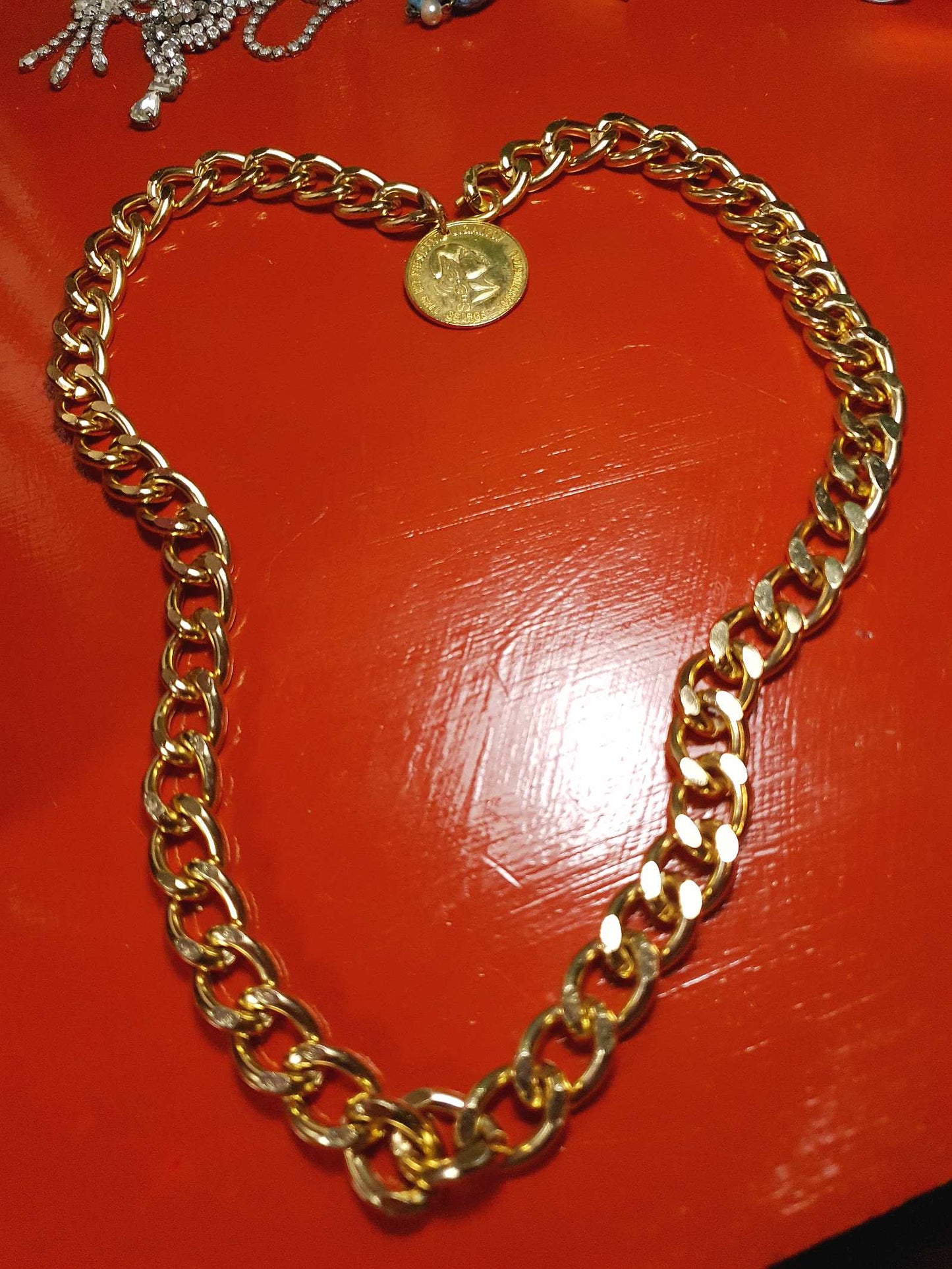 Vintage 1980s Chunky Gold Chain Necklace 28" George Washington Coin Retro