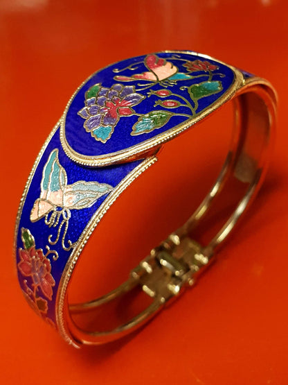 Vintage 1980s Cloisonne Bangle Bracelet Butterfly Cobalt Blue Floral