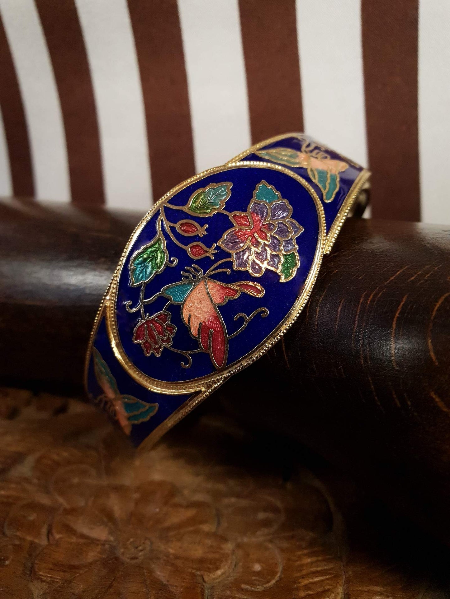 Vintage 1980s Cloisonne Bangle Bracelet Butterfly Cobalt Blue Floral