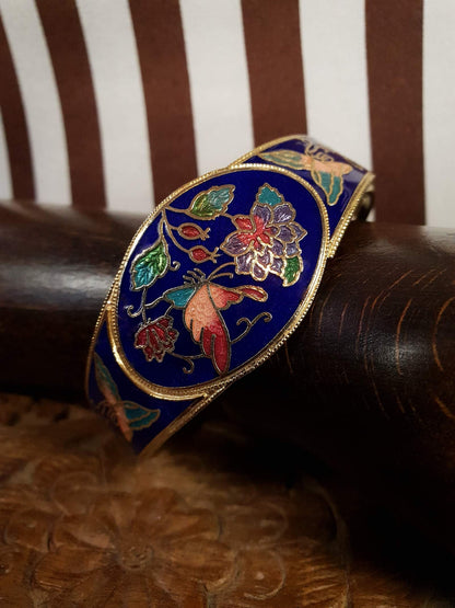 Vintage 1980s Cloisonne Bangle Bracelet Butterfly Cobalt Blue Floral