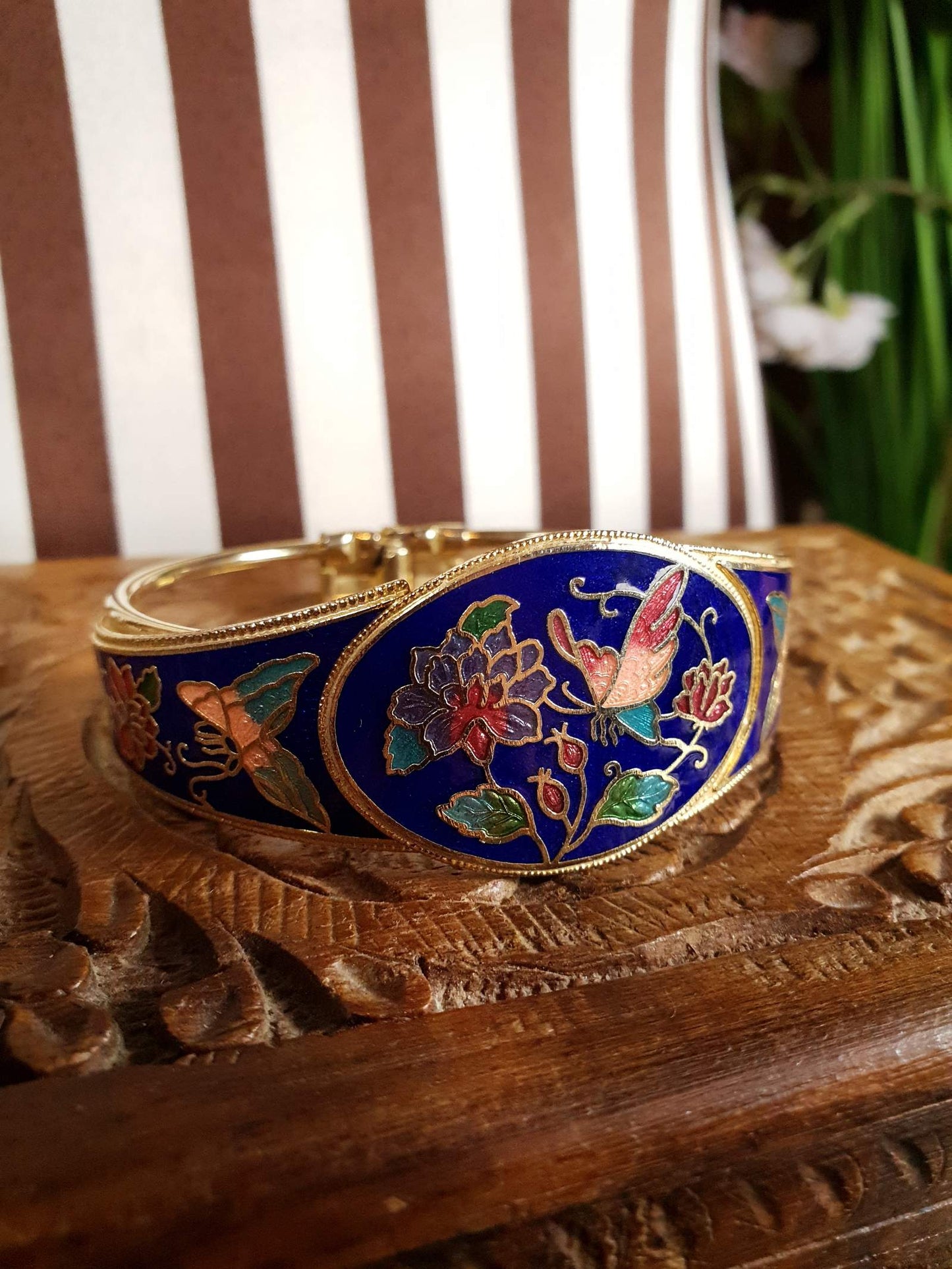 Vintage 1980s Cloisonne Bangle Bracelet Butterfly Cobalt Blue Floral