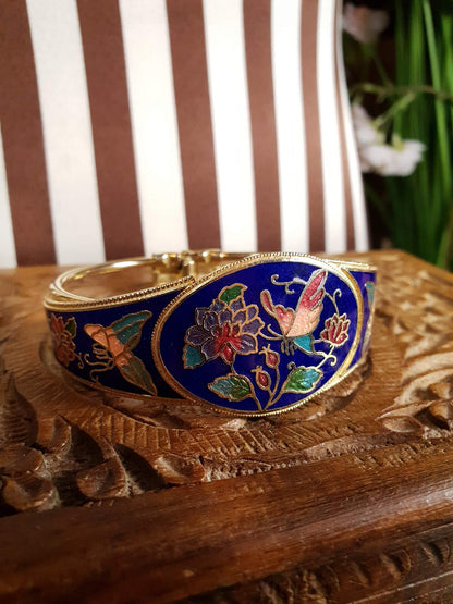 Vintage 1980s Cloisonne Bangle Bracelet Butterfly Cobalt Blue Floral