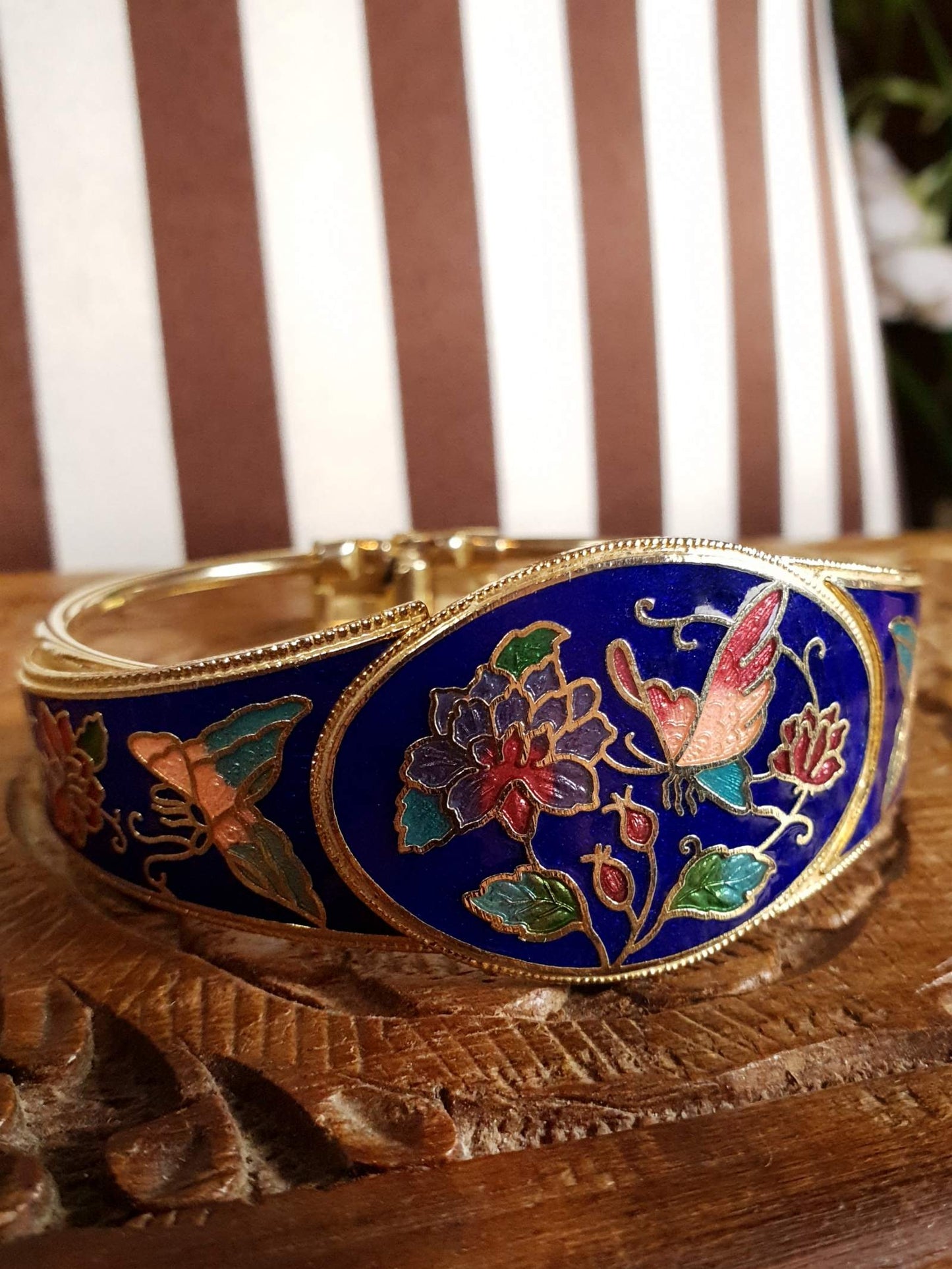 Vintage 1980s Cloisonne Bangle Bracelet Butterfly Cobalt Blue Floral