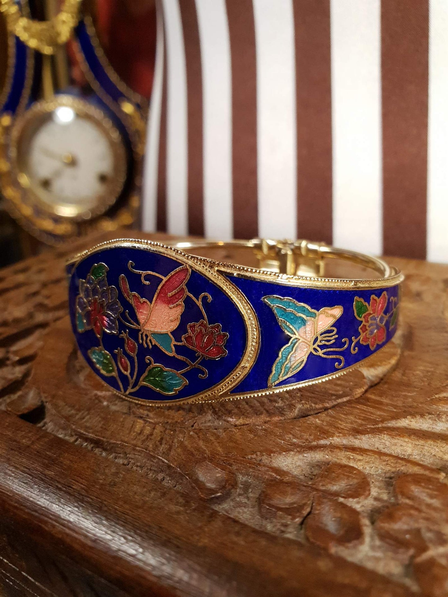 Vintage 1980s Cloisonne Bangle Bracelet Butterfly Cobalt Blue Floral
