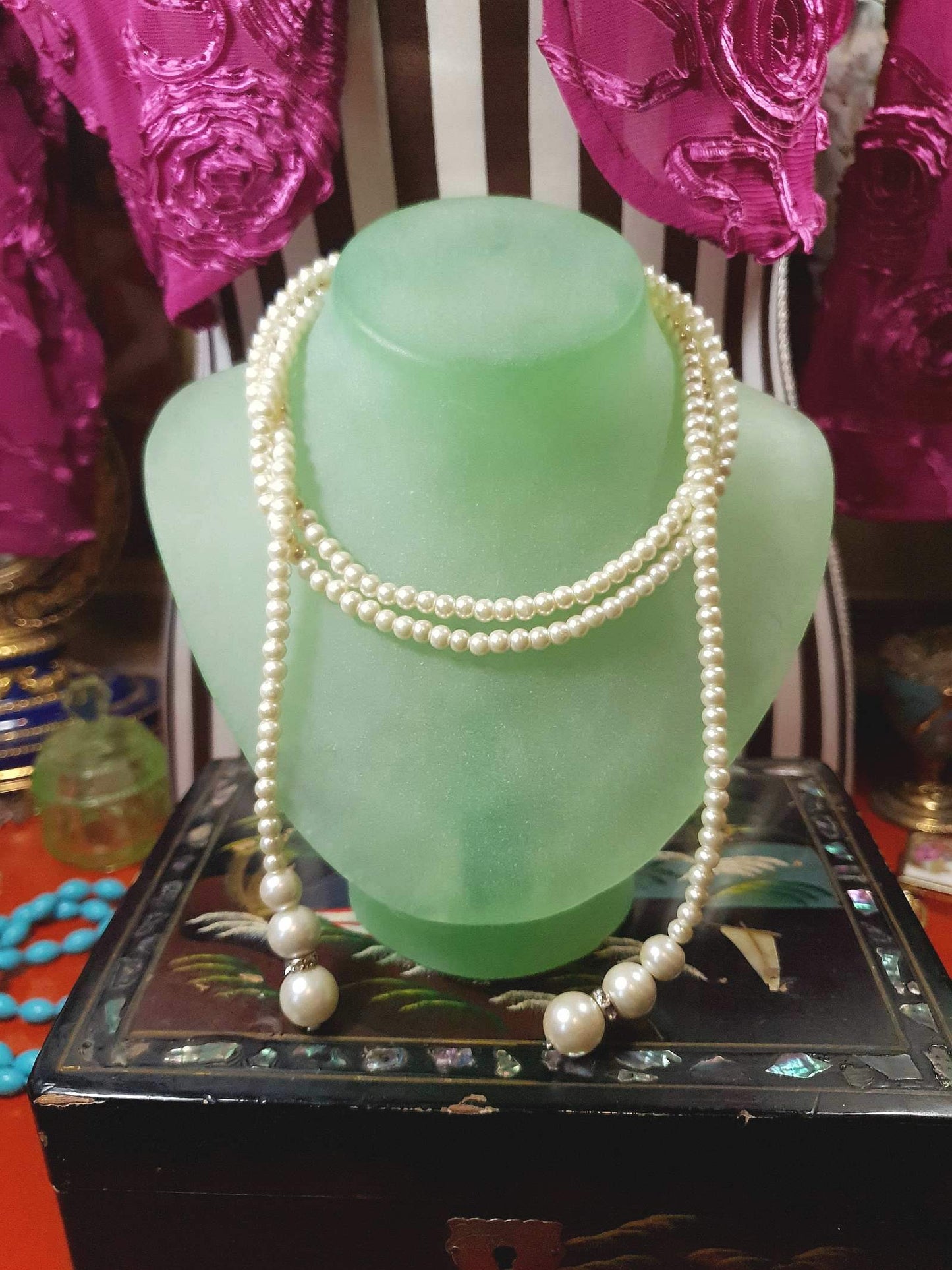 Vintage 1980s Faux Pearl Necklace Lariat 48" White Pearls