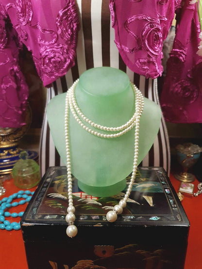 Vintage 1980s Faux Pearl Necklace Lariat 48" White Pearls